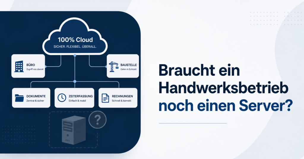 100% Cloud für Handwerksbetriebe mit Büro, Baustelle, Dokumenten, Zeiterfassung und Rechnungen statt eigenem Server