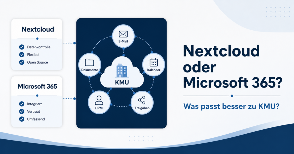 Vergleich von Nextcloud und Microsoft 365 für KMU mit Cloud-Systemen für E-Mail, Dokumente, Kalender, CRM und Freigaben